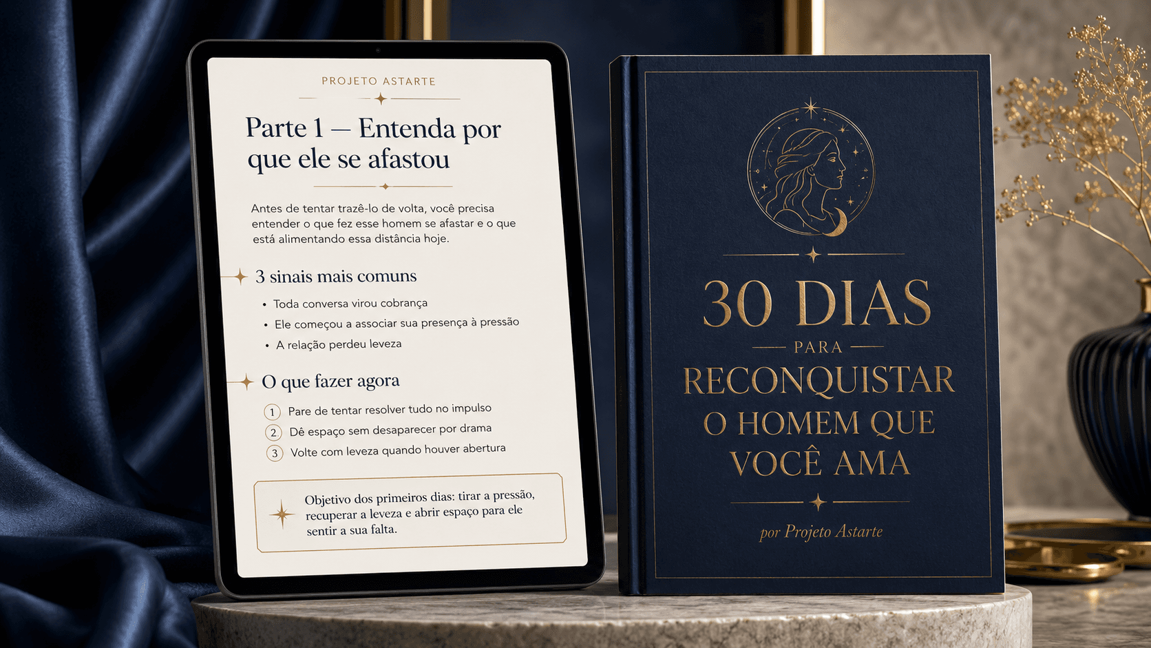 Mockup do Método Astarte — o protocolo 30 Dias para Reconquistar o Homem que Você Ama aberto em um tablet